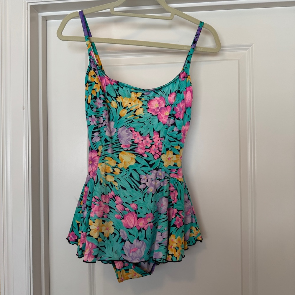 Catalina Green and Pink Floral One Piece Swimsuit with Skirted Design